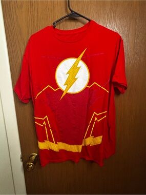 DC Red Short Sleeve Tee with Yellow Lightning Emblem
